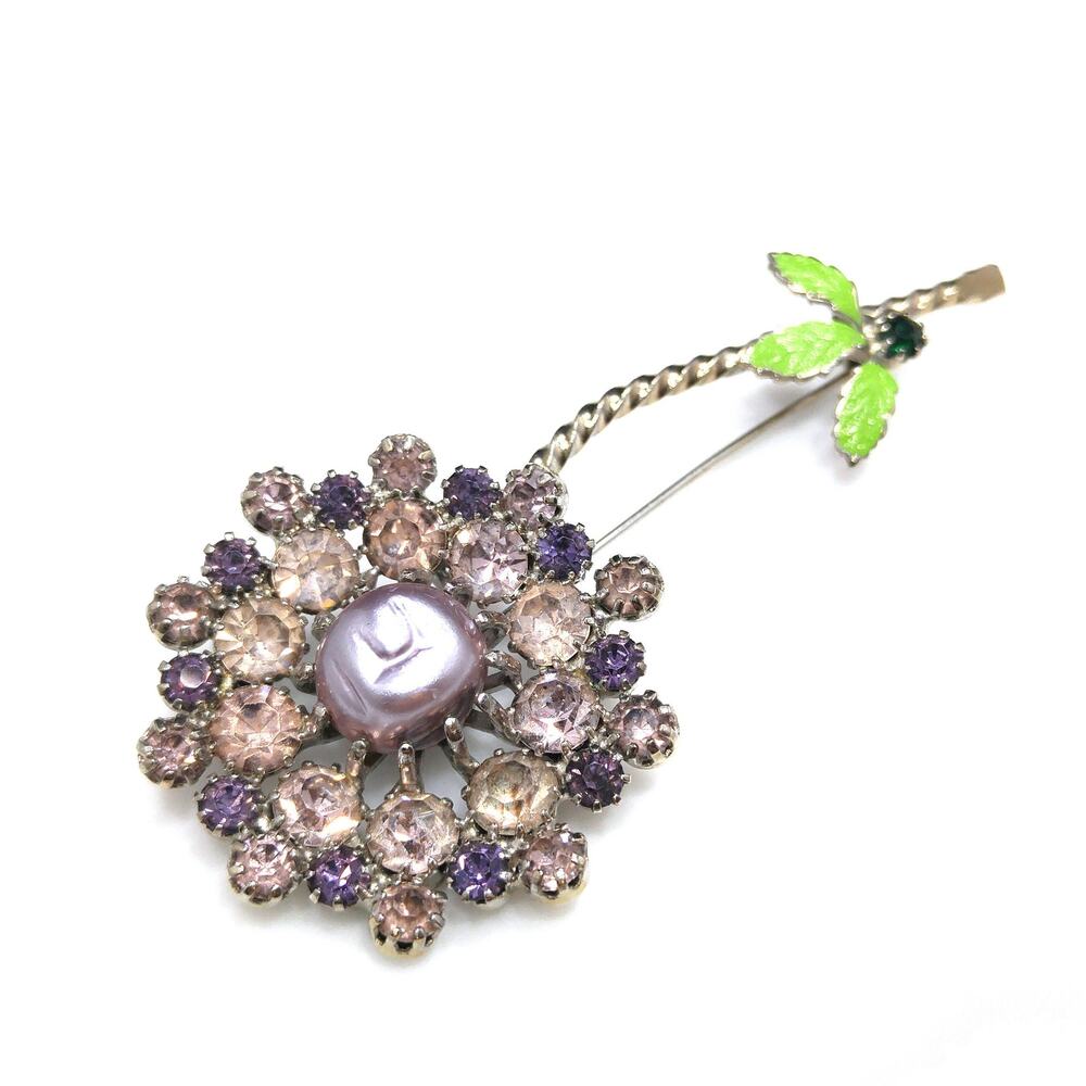 Vintage Lilac Rhinestone Flower Brooch Faux Pearl Long Stem 1960s